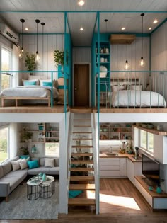 this is a loft bedroom with stairs leading to the upper floor and second story bed