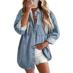 Fantaslook Denim Shirts for Women Button Down Blouses Long Sleeve Casual Tops Fall Outfits  Womens denim Shirts featuring a classic button down design that combines timeless style with modern casual. Crafted from high-quality denim, long sleeve blouses for women offer a perfect blend of durability and softness, ensuring you stay comfortable all day long. Womens button up shirts tailored fit provides a flattering silhouette, while the versatile design allows you to dress it up or down for any occ Denim Long Sleeve Shirt Outfit, Denim Shirts For Women, Long Sleeve Shirt Outfits, Denim Top Women, Tops Fall Outfits, Women Fall Tops, Blouses Long Sleeve, Lightweight Denim Jacket, Ladies Tops Blouses