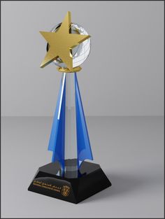 a blue and silver trophy with a gold star on it's top, sitting in front of a gray background