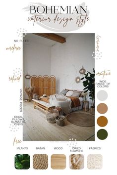 the bohemian interior design style is shown in various colors and styles, including beiges, browns