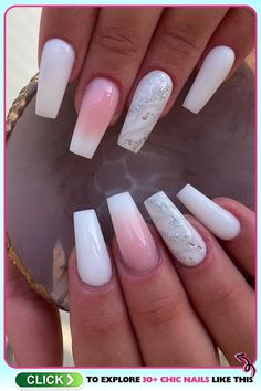 Coffin-shaped acrylic nails with a glossy pink to white ombré, adorned with white lace and glitter accents, suitable for elegant events, epitomizing aesthetic pink nails with a classic touch. Glossier Pink, Accent Nail, White Ombre, Accent Nails, White Nails