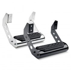 two black and white computer stands with one keyboard attached to the other, on a white background