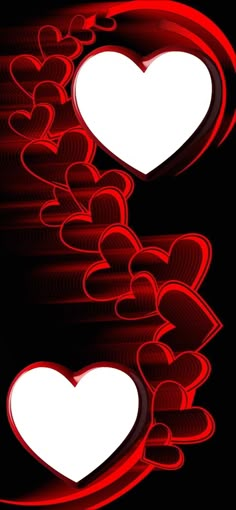 two white hearts are in the middle of a black background with red and white swirls