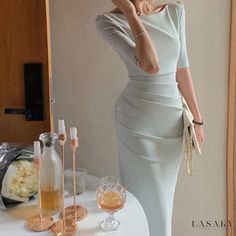 Lasaky - Sensual Long Sleeve Dress with High-Waisted Fit and Stylish Shoulder Line Slim Bodycon Dress, Dress Office, Midi Bodycon Dress, Backless Crop Top, Simple Dress, Crewneck Dress, Slim Fit Dresses, Moda Vintage, Slim Dresses