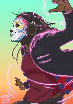 a drawing of a person with headphones and a mask on, dancing in the air