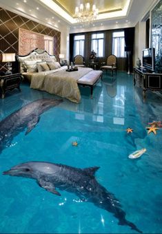 two dolphins swimming in a bedroom with chandelier above the bed and on the floor