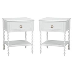 two white nightstands side tables with drawers on each end and one shelf below them