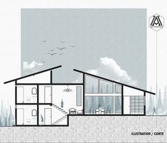 an architectural drawing of a house in the woods with birds flying over it and trees on either side