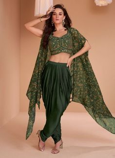 Bottle satin readymade dhoti set cape suit 5351 Dhoti Style Dresses, Dhoti Salwar Suits, Wedding Salwar Kameez, Gaun Fashion, Dhoti Pants, Embroidered Crop Tops, Indo Western Dress, Lehenga Choli Online