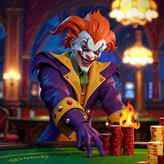 a cartoon character is playing poker at a casino table with stacks of chips in front of him