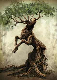 an artistic painting of a tree trunk with vines growing out of it's roots