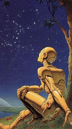 a painting of a robot sitting on the ground next to a tree with stars in the sky