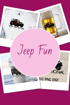 a collage of photos with the words jeep fun in pink and black on them