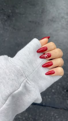 #nails #bows #rednails #winternails Red Bow Holiday Nails, Red Tip Nails With Chrome, All Red Christmas Nails, Christmas Ribbon Nail Art, Red Santa Nails, Bow Red Nails, Red Bow Nails Christmas, Red Chrome Nails With Bow, Red Christmas Nails Bow