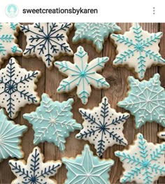 snowflake cookies are arranged on a wooden table with the words sweet creations by kaleen