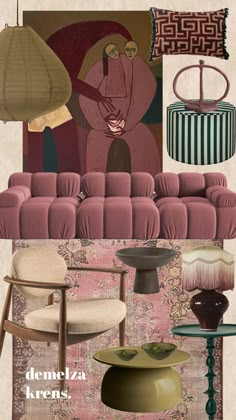 a collage of furniture and lamps in different colors, sizes and shapes with the words dennetza kreaes above them