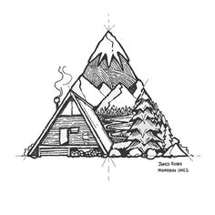 a drawing of a cabin in the woods with mountains and pine trees on each side