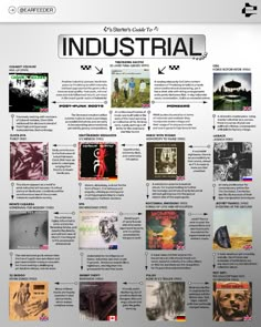 an info sheet showing the various types of industrial music and how they are used to play them