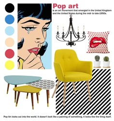 an advertisement for pop art featuring a woman's face and yellow chair with black and white stripes