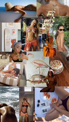 a collage of photos with women in bikinis