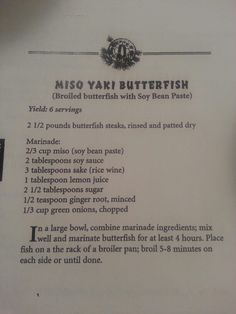 the menu for miso yaki butterfish