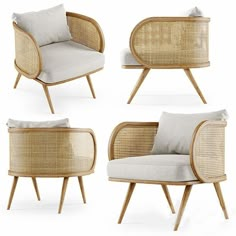 four different types of wicker chairs with cushions on each one and the other side