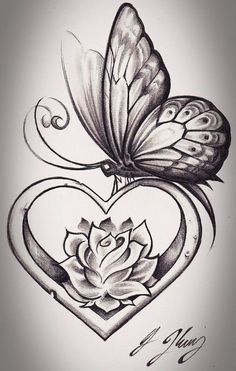 a heart shaped tattoo with a butterfly on top