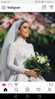 a woman in a wedding dress holding a bouquet and smiling at the camera with an instagram