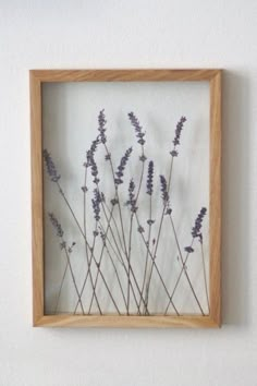 some purple flowers in a wooden frame hanging on the wall above a toilet paper dispenser