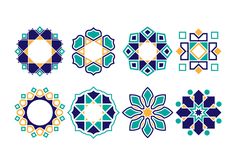 an assortment of geometric designs in blue, yellow and green