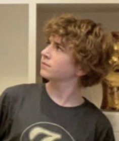 a young man with curly hair standing in front of a gold statue and looking off into the distance