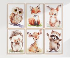 four watercolor paintings of different animals and their babies