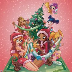 an advertisement for winx club featuring girls around a christmas tree with presents on it