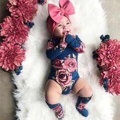 Leg Socks, Chic Baby, Foto Baby, Floral Jumpsuit, Baby Photoshoot