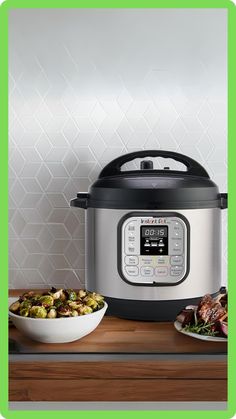 an instant pot and bowl of food on a counter with a green frame around it