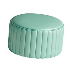 a green stool with pleated design on the top and bottom, sitting in front of a white background