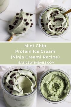 mint ice cream recipe with chocolate chips in it and the title above it reads, mint chip protein ice cream