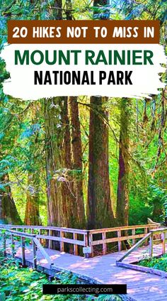 a wooden bridge in the woods with text overlay that reads, 20 hikes not to miss in mount rainier national park