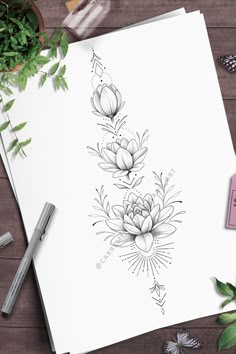 lotus flowering in different stages vertical design layout Lotus Flower Spine Tattoo, Flower Spine Tattoo, Lotus Blooming, Vertical Tattoo, Floral Back Tattoos, Wrist Tattoo Cover Up, Forever Roses