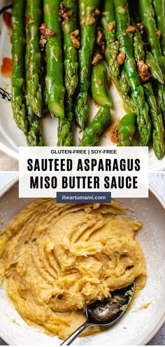 asparagus and miso butter sauce on a white plate with the words sauteed asparagus