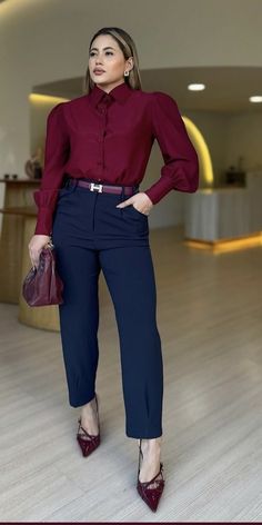 Navy Blue Office Pants Outfit, Navy Blue Work Pants Outfit, Navy Pants Outfit Work, Burgundy Top Outfit, Navy Blue Pants Outfit, Blue Pants Outfit, Slacks Outfit, Stylish Business Outfits, Sarah Andersen