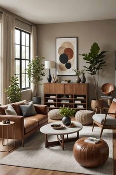 a living room filled with lots of furniture and plants in vases on top of tables