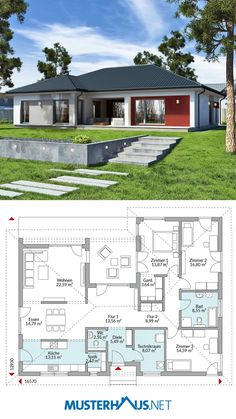 the floor plan for a modern house with two levels and an open living area in the middle