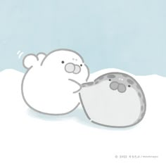 a drawing of a polar bear and an egg laying in the snow with their noses touching each other