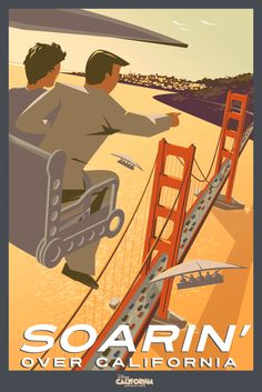 two men riding on the back of a bus next to a golden gate suspension bridge