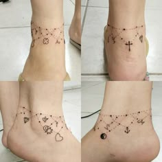 two pictures of the same person's foot with tattoos on them, and one has a cross