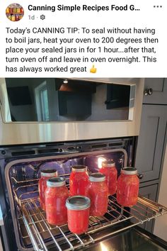 four jars of canned food in an oven