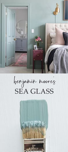 Benjamin Moore's Sea Glass in a bedroom Seafoam Green Paint Colors, Sea Glass Sherwin Williams, Sea Blue Bathroom, Blueish Green Bedroom Ideas, Sea Blue Paint Colors, Light Seafoam Walls Paint Colors, Blue Green Paint Colors 2023, Seaglass Benjamin Moore, Sea Blue Living Room