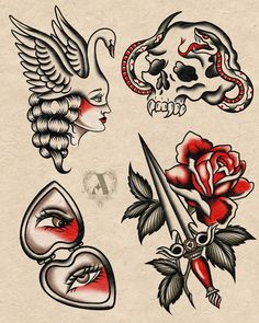 an old school tattoo design with roses and skulls