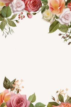 a white background with pink and orange roses on it's sides, in the center is an empty space for text